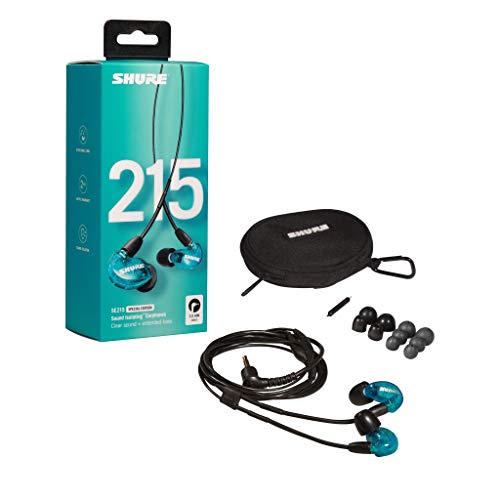 Shure SE215SPE-EFS Auriculares Profesionales con cable sobre la oreja, aislamiento de sonido con microtransductor dinámico, sonido detallado con bajos profundos, cable de 3,5 mm, Azul