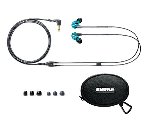 Shure SE215SPE-EFS Auriculares Profesionales con cable sobre la oreja, aislamiento de sonido con microtransductor dinámico, sonido detallado con bajos profundos, cable de 3,5 mm, Azul