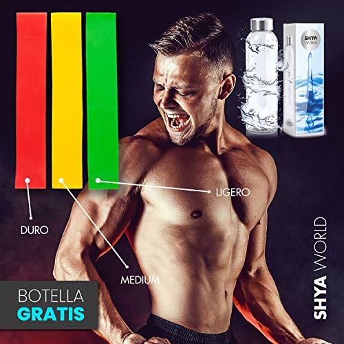 ShyaWorld Bandas Resistencia Fitness Elásticas Cinta Musculación Gym para Ejercicio Gimnasio Entrenamiento Estiramiento Piernas Brazos Glúteos Yoga Hombre y Mujer (Set + Botella Transparente)