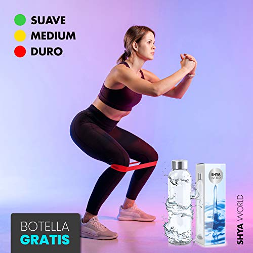 ShyaWorld Bandas Resistencia Fitness Elásticas Cinta Musculación Gym para Ejercicio Gimnasio Entrenamiento Estiramiento Piernas Brazos Glúteos Yoga Hombre y Mujer (Set + Botella Transparente)