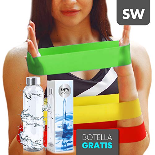 ShyaWorld Bandas Resistencia Fitness Elásticas Cinta Musculación Gym para Ejercicio Gimnasio Entrenamiento Estiramiento Piernas Brazos Glúteos Yoga Hombre y Mujer (Set + Botella Transparente)