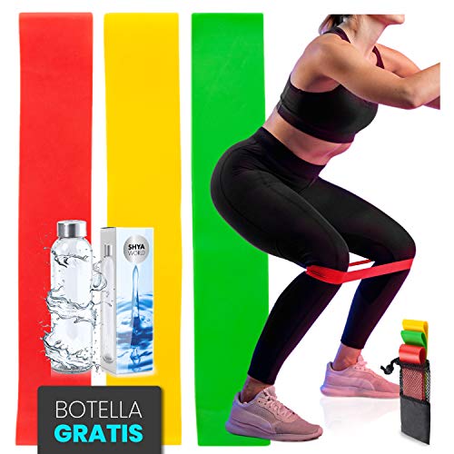 ShyaWorld Bandas Resistencia Fitness Elásticas Cinta Musculación Gym para Ejercicio Gimnasio Entrenamiento Estiramiento Piernas Brazos Glúteos Yoga Hombre y Mujer (Set + Botella Transparente)