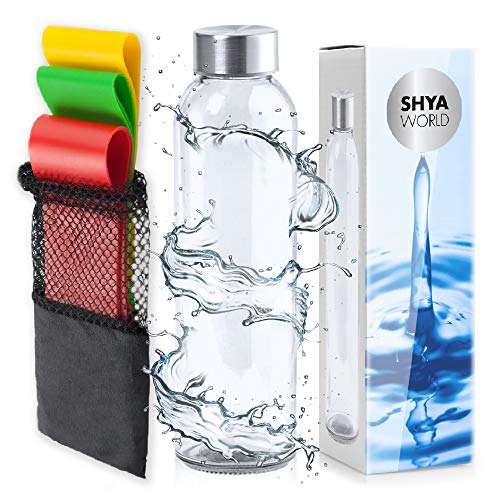 ShyaWorld Bandas Resistencia Fitness Elásticas Cinta Musculación Gym para Ejercicio Gimnasio Entrenamiento Estiramiento Piernas Brazos Glúteos Yoga Hombre y Mujer (Set + Botella Transparente)