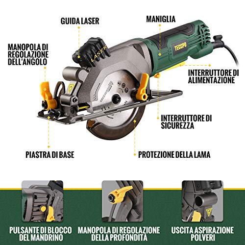 Sierra Circular, TECCPO 480W Mini Sierra Circular, Velocidad 3500RPM, Con Luz Láser, Motor de Cobre Puro, 115mm Diámetro de Hoja de Sierra, Cortar Madera, Ángulo Ajustable a 45 °- TAMS24P