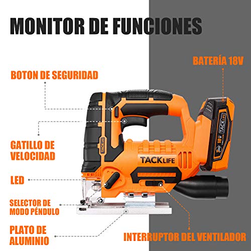 Sierra de Calar con Batería, TACKLIFE 18V Sierra de Calar Bateria, 0~2700SPM, 6 Cuchillas, Corte para Madera y Metal, Corte en Bisel 45 °, La Placa Base, Luz LED, 2.0Ah Batería, Cargador - DJS20A