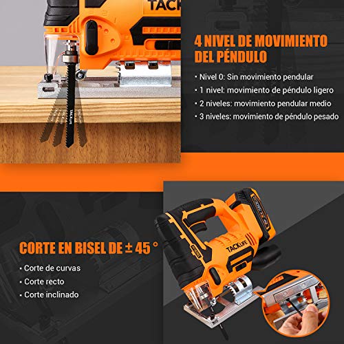Sierra de Calar con Batería, TACKLIFE 18V Sierra de Calar Bateria, 0~2700SPM, 6 Cuchillas, Corte para Madera y Metal, Corte en Bisel 45 °, La Placa Base, Luz LED, 2.0Ah Batería, Cargador - DJS20A Sierra de Calar con Batería, TACKLIFE 18V Sierra de Calar Bateria, 0~2700SPM, 6 Cuchillas, Corte para Madera y Metal, Corte en Bisel 45 °, La Placa Base, Luz LED, 2.0Ah Batería, Cargador - DJS20A