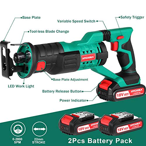 Sierra Sable Inalámbrica, Sierra de Sable HYCHIKA 18V, Sierra Alternativa de Batería, 2 Baterías 2.0Ah, Velocidad Variable de 0-2800 RPM, 4 Hojas de Sierra, Luz LED, Ideal para Cortar Madera y Metal