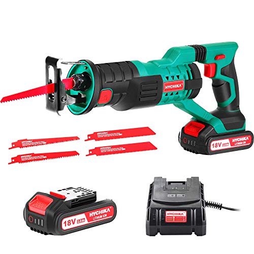Sierra Sable Inalámbrica, Sierra de Sable HYCHIKA 18V, Sierra Alternativa de Batería, 2 Baterías 2.0Ah, Velocidad Variable de 0-2800 RPM, 4 Hojas de Sierra, Luz LED, Ideal para Cortar Madera y Metal Sierra Sable Inalámbrica, Sierra de Sable HYCHIKA 18V, Sierra Alternativa de Batería, 2 Baterías 2.0Ah, Velocidad Variable de 0-2800 RPM, 4 Hojas de Sierra, Luz LED, Ideal para Cortar Madera y Metal