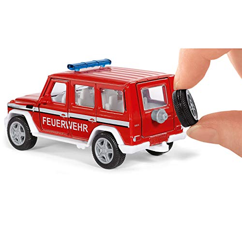 siku 2306 Coche todoterreno de bomberos Mercedes AMG G65, Incl. enganche para remolque, Puertas funcionales, Ruedas desmontables, 1:50, Metal/Plástico, Rojo