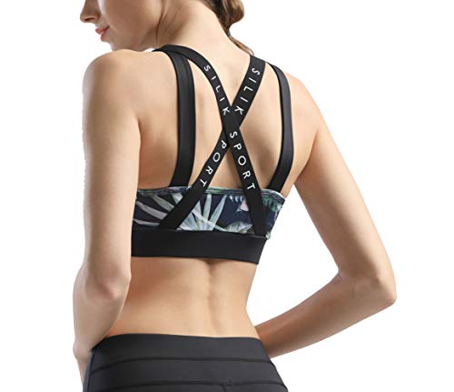 SILIK Para Mujer Sujetador Deportivo Extraíble Acolchado Respaldo Apoyo Racerback Correr Entrenamiento Tops Chaleco Elástico Ajustable Correa Sujetador Wirefree (M, Noche Azul)