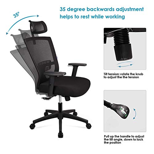 Silla de oficina Silla Ergonómica, Silla de Escritorio Con Reposacabezas y Apoyabrazos ajustables, cómodo y fiable, Carga máx. 100kg/265lb