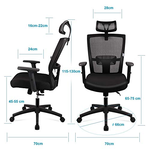 Silla de oficina Silla Ergonómica, Silla de Escritorio Con Reposacabezas y Apoyabrazos ajustables, cómodo y fiable, Carga máx. 100kg/265lb