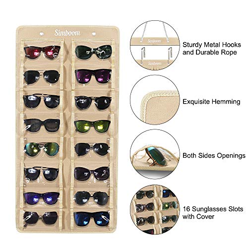 SIMBOOM Organizador de Gafas de Sol Montado En La Pared, 16 Ranura A Prueba de Polvo Gafas de Sol Organizador de Fieltro Bolsa Colgante Gafas de Sol con Gancho y Cuerda, A Prueba de Polvo-Beige