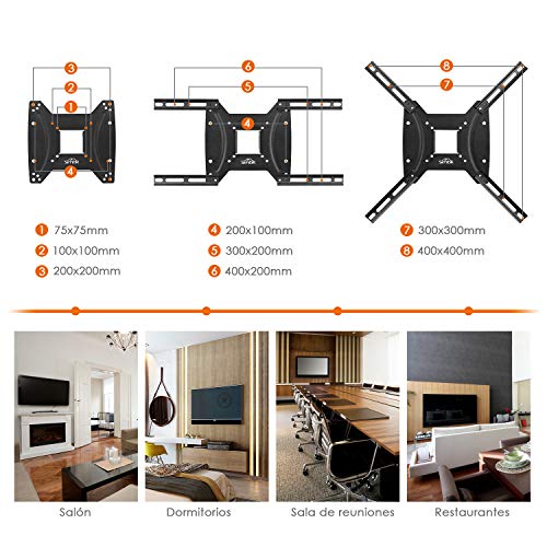 SIMBR Soporte de Pared para Televisores de 17"- 55" LED/LCD/Plasma/Curvada TV Extensible Inclinable y Giratorio Carga Máx. 35 kg VESA Máx. 400x400mm Negro