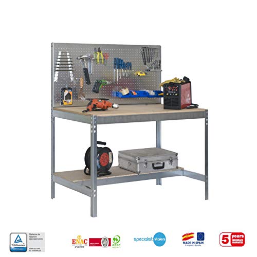 Simonrack 778100045159062 Banco de trabajo (1440 x 900 x 600 mm, 2 estantes y 1 panel perforado, 400 kg-250 kg) color galvanizado/madera Simonrack 778100045159062 Banco de trabajo (1440 x 900 x 600 mm, 2 estantes y 1 panel perforado, 400 kg-250 kg) color galvanizado/madera