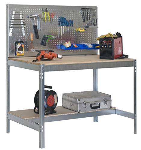 Simonrack 778100045159062 Banco de trabajo (1440 x 900 x 600 mm, 2 estantes y 1 panel perforado, 400 kg-250 kg) color galvanizado/madera Simonrack 778100045159062 Banco de trabajo (1440 x 900 x 600 mm, 2 estantes y 1 panel perforado, 400 kg-250 kg) color galvanizado/madera