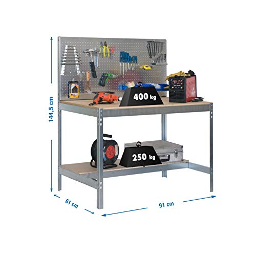 Simonrack 778100045159062 Banco de trabajo (1440 x 900 x 600 mm, 2 estantes y 1 panel perforado, 400 kg-250 kg) color galvanizado/madera