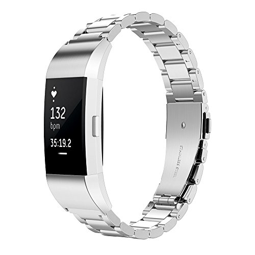 Simpeak Correa Compatible con Fitbit Charge 2 (5.5-8.1 Pulgadas), Correa de Acero Inoxidable Reemplazo Wristband Pulseras de Repuesto Bandas Compatible con Fitbit Charge 2 Fitness,Plata