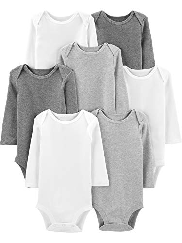 Simple Joys by Carter's 7-Pack Long-Sleeve Bodysuit Undershirts, White/Light Medium Heather Grey, 6-9 Meses