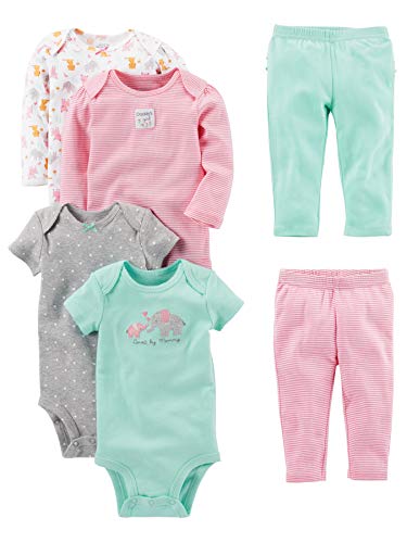 Simple Joys by Carter's Conjunto de 6 piezas de body para niñas (manga corta y larga) y pantalones ,Pink/Mint Ruffle ,Recién nacido