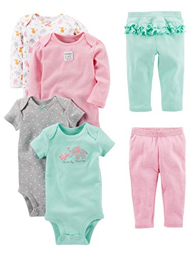 Simple Joys by Carter's Conjunto de 6 piezas de body para niñas (manga corta y larga) y pantalones ,Pink/Mint Ruffle ,Recién nacido