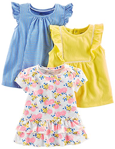 Simple Joys by Carter's paquete de 3 camisetas y tops de manga corta para niñas ,Blue Stripe, Floral, Yellow ,US 5T (EU 110–116)