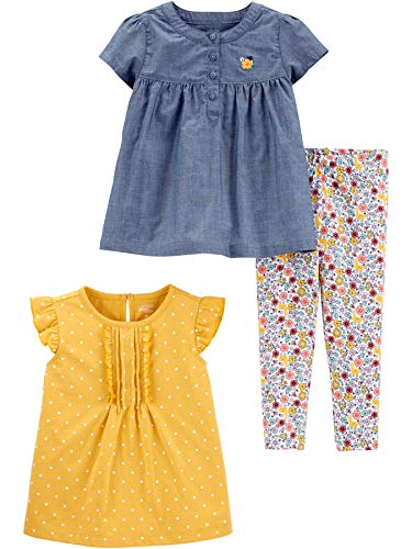 Simple Joys by Carter's Ropa de Juego de 3 Piezas, Playera y Pantalones de Manga Corta. Infant-and-Toddler-Pants-Clothing-Sets, Chambray/Lunares, 3T, Pack de 3