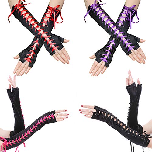 SimpleLife Mujeres Guantes sin Dedos Cinta de Cuerda Criss Cross Lace Up Disco Dance Estilo gótico Cosplay Mitones Longitud del Codo