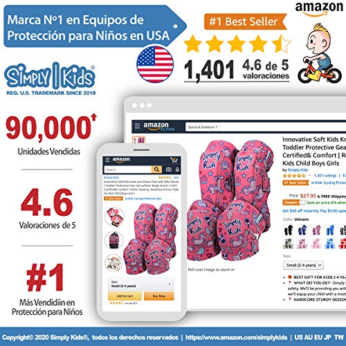 Simply Kids Innovadora Suave Coderas y Rodilleras para Niño con Guantes Bici I Protecciones Patines Niño w/Bolsa de Malla I Protección de Patinaje, Monopatín, Bicicleta, Hoverboard, Skate