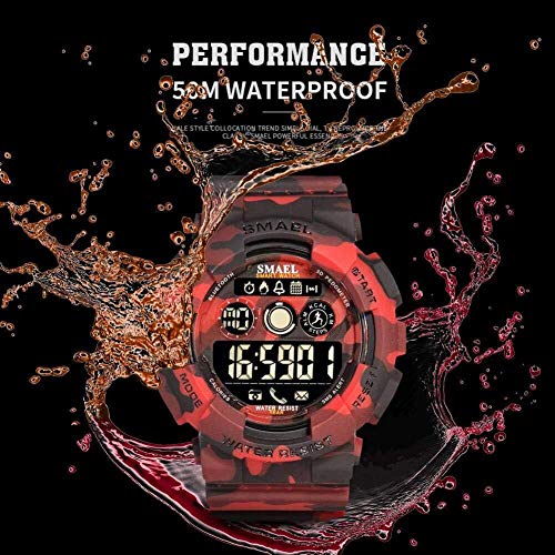 Simshew Rastreador de Ejercicios Smael Bluetooth Podómetro Cronómetro 50m Reloj Inteligente Resistente al Agua Monitorización de la frecuencia cardíaca y del Sue (Color : Camouflage Red)