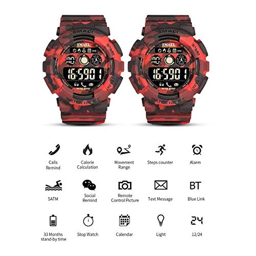 Simshew Rastreador de Ejercicios Smael Bluetooth Podómetro Cronómetro 50m Reloj Inteligente Resistente al Agua Monitorización de la frecuencia cardíaca y del Sue (Color : Camouflage Red)