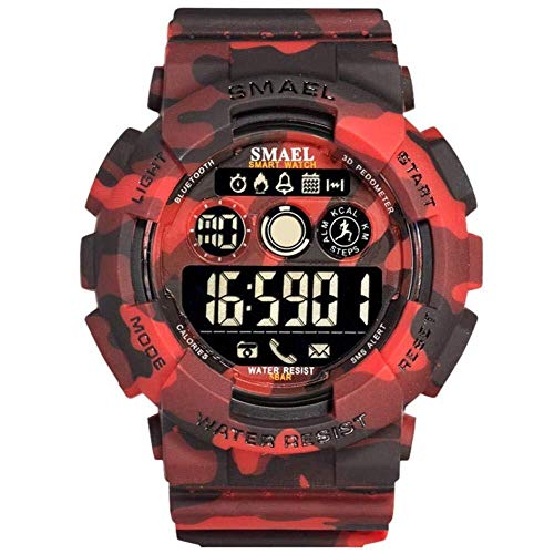 Simshew Rastreador de Ejercicios Smael Bluetooth Podómetro Cronómetro 50m Reloj Inteligente Resistente al Agua Monitorización de la frecuencia cardíaca y del Sue (Color : Camouflage Red)