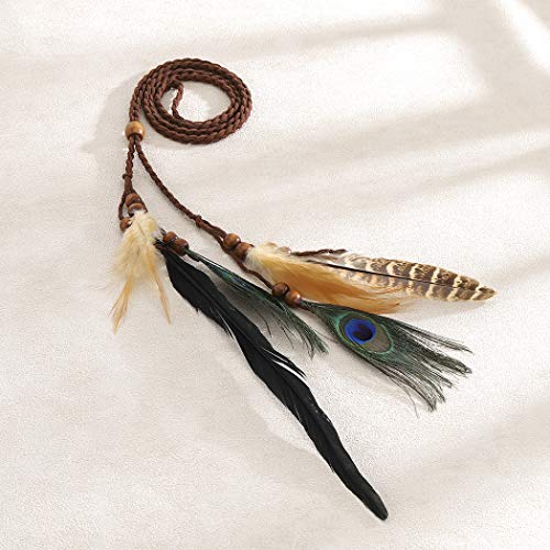 Simsly Diadema bohemia con plumas de pavo real hippie india de los años 20 con cadena de plumas para el pelo, accesorios de joyería, tocado para mujeres y niñas (gris)