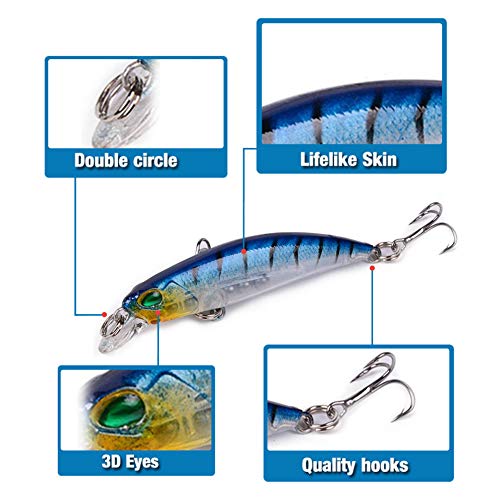 SIMUER 8Pcs Señuelos Pesca Cebo Artificial Duro Cebos Artificiales Wobblers Wobbler Flotante Swimbait Siluros Bass Lubina Señuelo para Pesca Spinning con VMC Triángulo Ganchos, Colores