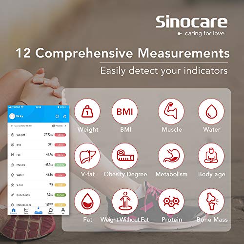 Sinocare Básculas Digitales, Báscula Baño Digital Bluetooth Inteligente Tiene APP, Báscula de Baño Digital Ultrafina con Pantalla LCD, con Sensores de 50G Alta Precisión (ST/KG/LB)180kg/400lbs