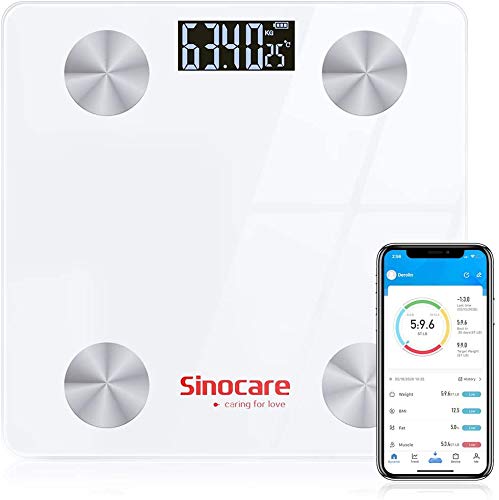 Sinocare Básculas Digitales, Báscula Baño Digital Bluetooth Inteligente Tiene APP, Báscula de Baño Digital Ultrafina con Pantalla LCD, con Sensores de 50G Alta Precisión (ST/KG/LB)180kg/400lbs