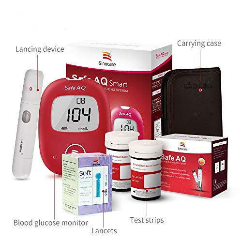 sinocare Medidor de glucosa en sangre/Glucosa en sangre kit de control de la diabetes kit con Codefree tiras x 50 y caja para diabéticos - en mg/dL (Safe AQ Smart)