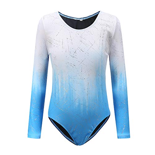 Sinoeem Leotardos de Gimnasia Rítmica para Niños Maillot de Ballet con Gradiente Flash Cuello Redondo Manga Larga/Manga Corta para Niñas de 3-12 Años (Azul - Manga Larga, Tag 8A(7-8 Years))