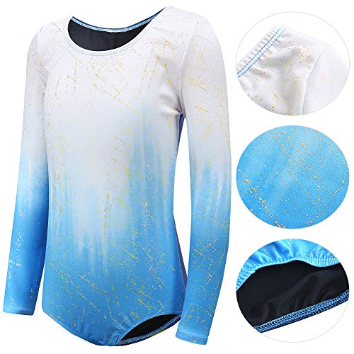 Sinoeem Leotardos de Gimnasia Rítmica para Niños Maillot de Ballet con Gradiente Flash Cuello Redondo Manga Larga/Manga Corta para Niñas de 3-12 Años (Azul - Manga Larga, Tag 8A(7-8 Years))