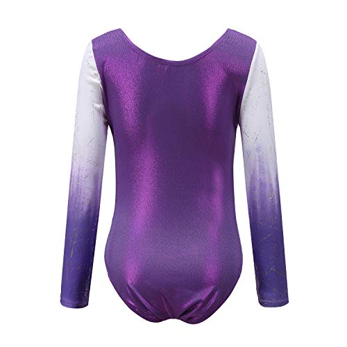 Sinoeem Leotardos de Gimnasia Rítmica para Niños Maillot de Ballet con Gradiente Flash Cuello Redondo Manga Larga/Manga Corta para Niñas de 3-12 Años (Púrpura - Manga Larga, Tag 10A(9-10 Years))