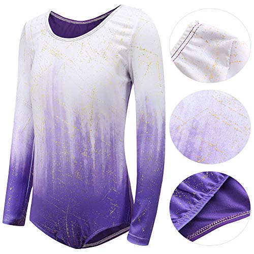 Sinoeem Leotardos de Gimnasia Rítmica para Niños Maillot de Ballet con Gradiente Flash Cuello Redondo Manga Larga/Manga Corta para Niñas de 3-12 Años (Púrpura - Manga Larga, Tag 10A(9-10 Years))