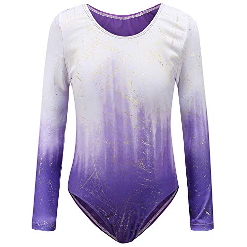 Sinoeem Leotardos de Gimnasia Rítmica para Niños Maillot de Ballet con Gradiente Flash Cuello Redondo Manga Larga/Manga Corta para Niñas de 3-12 Años (Púrpura - Manga Larga, Tag 10A(9-10 Years))