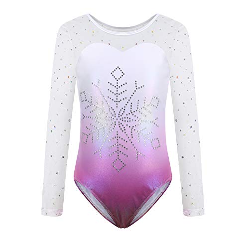 Sinoeem Leotardos de Gimnasia Rítmica para Niños Maillot de Ballet con Gradiente Flash Cuello Redondo Manga Larga/Manga Corta para Niñas de 3-12 Años (Púrpura - Manga Larga, Tag 12A(11-12 Years))