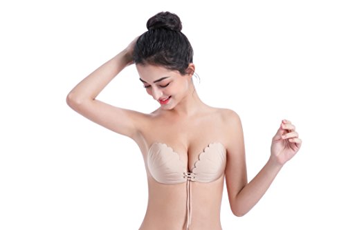 Sinoeem Mujeres Sujetador sin Tirantes Invisible Adhesivo,Sujetador Adhesivo Push up,Reutilizable para Las Mujeres Sujetadores para Vestidos sin Espalda (Beige-Drawstring, C)