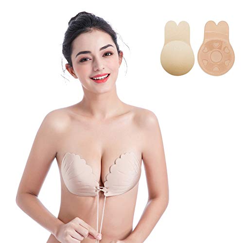 Sinoeem Mujeres Sujetador sin Tirantes Invisible Adhesivo,Sujetador Adhesivo Push up,Reutilizable para Las Mujeres Sujetadores para Vestidos sin Espalda (Beige-Drawstring, C)