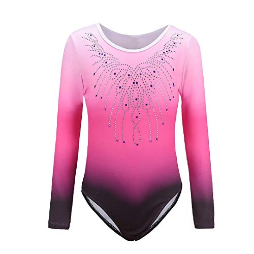 Sinoem Leotardos Gimnásticos para Niñas Manga Larga Maillot de Gimnasia Colorido Gimnasia Leotard para Niñas 5-12Años (11-12 Años, Rosa -Manga Larga)