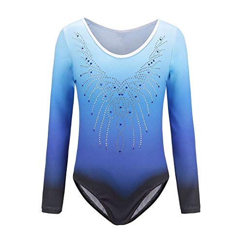 Sinoem Leotardos Gimnásticos para Niñas Manga Larga Maillot de Gimnasia Colorido Gimnasia Leotard para Niñas 5-12Años (5-6 Años, Azul -Manga Larga)