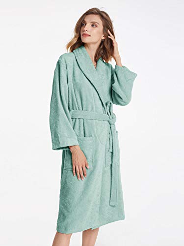 SIORO Toalla de algodón para Mujer Batas de Felpa Cálido Cuello Chal Toalla Absorbente Albornoz hasta la Pantorrilla Ropa de Dormir, Verde Niebla Grande