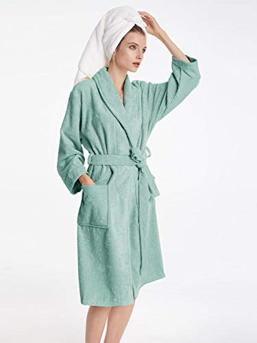 SIORO Toalla de algodón para Mujer Batas de Felpa Cálido Cuello Chal Toalla Absorbente Albornoz hasta la Pantorrilla Ropa de Dormir, Verde Niebla Grande