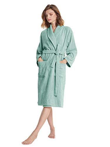 SIORO Toalla de algodón para Mujer Batas de Felpa Cálido Cuello Chal Toalla Absorbente Albornoz hasta la Pantorrilla Ropa de Dormir, Verde Niebla Grande